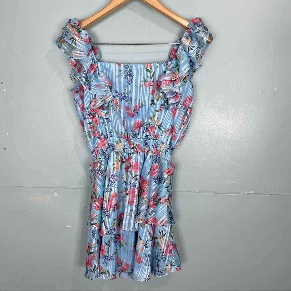 Yumi Kim Eden Mulberry Angel Floral Dress Sz M Ruffle Fairy Mini Blue Metallic - Picture 5 of 6